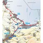 Karte mit Städtenamen wie St. Gallen, Arbon, Rorschach und Routen entlang von Straßen und geografischen Grenzen.