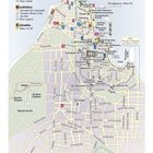Stadtplan von Rhodos-Stadt mit markierten Bereichen für Übernachtung, Nachtleben, Einkaufen und Essen & Trinken.