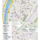 Stadtplan von Trier mit Straßen, Sehenswürdigkeiten und Symbolen für Übernachten, Essen, Einkaufen und Theater.