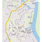 Stadtplan von Rochefort mit markierten Orten zum Übernachten, Essen und Trinken sowie Einkaufen entlang von Straßen und Flüssen.