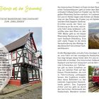42 Zeitreise mit dem Schienenbus. Romantische Wanderung und Zugfahrt zum „Engländer“. Bild eines Fachwerkhauses, Landschaft und Zug.