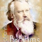 Text: "Johannes Brahms". Darunter ein Kalender mit dem Monat August. Oben ein Porträt von Johannes Brahms.
