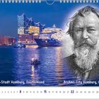 "Brahms-Stadt Hamburg, Deutschland" und "Brahms City Hamburg, Germany" über einem Hafenmotiv mit Schiff und Gebäude.