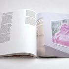 Ein geöffnetes Buch zeigt links Text auf Niederländisch und rechts ein Bild mit abstrakten rosa und grünen Formen an einer Wand.