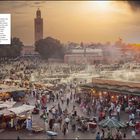 "Das Herz von Marrakesch" oben links. Szene eines lebhaften Marktplatzes bei Sonnenuntergang mit vielen Menschen und Ständen.