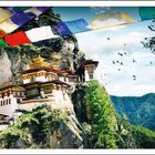 Text: "Bhutan" in geschwungener Schrift. Ein Kloster thront dramatisch auf einem Felsen, umgeben von bunten Gebetsfahnen und Natur.