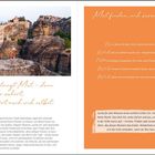 Texte: "Stille verlangt Mut – denn wer ihr zuhört, hört auch sich selbst." "Mutfinden, sich zurückzuziehen" und weitere reflektierende Fragen. Links ist ein Foto von Felsen und einem Kloster bei Meteora.