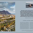 Zitat von Johan Bojer über Fischer, darunter Titel "Lofoten und die Lofotfischer". Links Landschaft mit Bergen und Gebäuden.