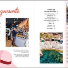 "Santanyí" in roter Schrift. Beschreibung des ruhigen Ortes mit Sandsteinhäusern und belebtem Markt. Bild einer Gasse mit Marktstand.