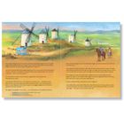 Ein alternder Ritter kämpft gegen Windmühlen in einer trockenen Landschaft. Begleitet von seinem treuen Helfer.