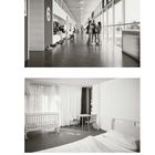 Seite 62 zeigt einen Flur mit wartenden Personen und einen hellen Raum mit Bett und Babybett. „Daseins- und Lebensraum“.