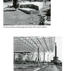 Zwei Schwarz-Weiß-Aufnahmen zeigen Architektur in Berlin, 1957: Ein Pavillon von Hermann Fehling und Daniel Gogel, eine Ausstellungshalle im Aufbau.