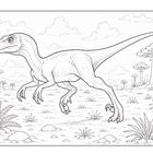Illustration eines Dinosauriers, der durch eine prähistorische Landschaft mit Pflanzen und Bäumen läuft.