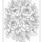 Illustration mit Rosen und Pfingstrosen, umgeben von Blättern und dekorativen Wirbeln.