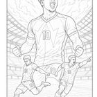 Nummer "10" auf Trikot, drei Fußballspieler, Stadionhintergrund, dynamische Posen, Energiedesign, jubelnd und schießend.