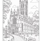 Illustration einer großen gotischen Kathedrale mit Türmen, Spitzbogenfenstern und einem gepflasterten Weg im Vordergrund.