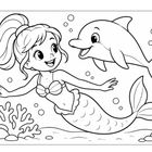Illustration: Eine fröhliche Meerjungfrau schwimmt mit einem lachenden Delfin durch eine Unterwasserwelt mit Algen und Korallen.