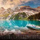 Kalenderansicht; Text: "Oeschinensee 10". Ein türkisfarbener See mit einem Boot, umgeben von Bergen und Wäldern.