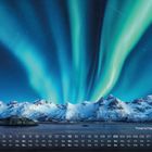 Kalender mit Polarlichtern über verschneiten Bergen. Text: "Polarlichter, Lofoten" und Monatszahlen mit Wochentagen.