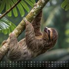 Kalendertabelle mit August-Daten, darüber ein Faultier auf einem Ast in üppigem Grün.