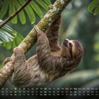 Kalender für August mit einem Faultier, das an einem Ast hängt, umgeben von großen grünen Blättern im Hintergrund.