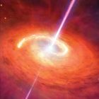 Illustration eines hellen, blau-weißen Lichtstrahls aus einem rot-orangefarbenen Wirbel im Weltraum.