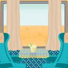 Keine Texte zu erwähnen. 

Zugabteil mit zwei grünen Sitzen, Tisch und Fenster mit Wüstenblick. Ein Getränk mit Limette steht auf dem Tisch.