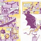 Comic-Illustration: Figuren steigen eine Treppe zu einem Turm empor, reiten dann auf einem Drachen. Texte beschreiben Fantasie.