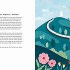 Links: Text über Glastonbury Tor und seine mystische Bedeutung. Rechts: Bunte Illustration mit Blumen und einem Hügel mit Turm.