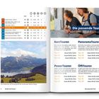 Tabellenspalte mit Tourdaten und -höhen. Überschriften: Die passende Tour, KurzTouren, PanoramaTouren, PowerTouren, ÖffiTouren. Zwei Personen betrachten eine Karte. Unten ein Bergpanorama.