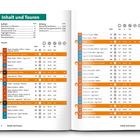 "Seite", "km", "h", "hm". Tabellenformat mit Titel "Inhalt und Touren". Tourenliste mit Details zu Distanzen und Höhen.