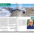 Die linke Seite zeigt eine nummerierte Liste von Wanderzielen mit Details. Rechts: Überschriften zu verschiedenen Tourentypen, darunter "KurzTouren" und "PanoramaTouren", und eine Abbildung von zwei Personen mit einer Karte.