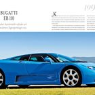 Text: „BUGATTI EB 110. Ein historischer Autohersteller erfindet sich mit einem modernen Supersportwagen neu.“ Ein blauer Sportwagen.