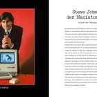 "Steve Jobs und der Macintosh 128k" steht oben rechts. Links ein Mann mit Anzug, rotem Hintergrund und einem klassischen Computer.