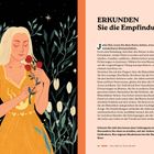 ERKUNDEN Sie die Empfindungen. Frau in gelbem Kleid hält Rosen, umgeben von Blumen und Blättern auf dunklem Hintergrund.