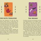 "Die Rote Teekanne" und "Das Messer" sind Titel von Texten. Illustration mit Teekanne, Tassen, Messer und Stiefeln.