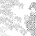 Illustration: Eine Frau im traditionellen Kimono mit Fächer, umgeben von blühendem Baum mit vielen Blättern.
