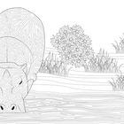 Illustration: Zwei Nilpferde mit dekorativen Mustern am Ufer, umgeben von Blumen und Gräsern. Fluss im Vordergrund.