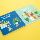 "Thank you for home" zeigt ein Kind mit Spielzeug. "Thank you for food" illustriert niedliche Lebensmittel.