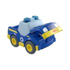 Text: "HABA". Spielzeugauto in Blau und Gelb mit Polizeimotiv und Blaulicht.