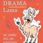 "Das DRAMA Lama", "Das schräge Spiel der verbotenen Worte". Illustration eines gestressten Lamas auf rotem Hintergrund.