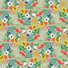 Bunte Illustration mit Blumenmustern: Sonnenblumen, Mohnblumen, Blätter, auf hellgrünem Hintergrund. Verspieltes Design.