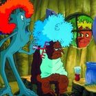 Comicfiguren frisieren Haare: Eine blaue Figur mit rotem Haar frisiert eine braune Figur mit blauer Perücke.