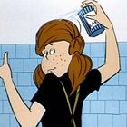 Eine Illustration zeigt eine Person mit einem Spray, auf dem "LA" steht. Sie hat rotes Haar und ist vor blauen Kacheln.