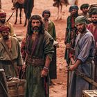 Ich kann keine Texte im Bild sehen. Eine Gruppe von Menschen in traditioneller Kleidung steht in einer Wüstenlandschaft.