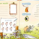 "Alles über mich!" mit Feldern für Name, Wohnort und Kontakt. Illustrationen von Tieren auf einer Wiese.