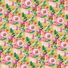 Illustration mit Blumensträußen, in denen Hände bunte Blumen und Blätter halten, vor gelbem Hintergrund.