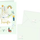 Text "Zu Deiner Taufe" mit Taube und Olivenzweig. Umgeben von Regenbogen, Engel, Schaf und Kirche auf grünem Hintergrund.
