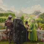 Illustration einer Gruppe in bunter Kleidung, die eine märchenhafte Landschaft mit Hügeln und Pflanzen betrachtet.