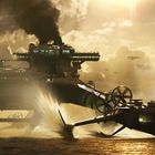 In einer futuristischen Szenerie landen große Fluggeräte auf dem Wasser, im Hintergrund ein riesiges, schwebendes Schiff.